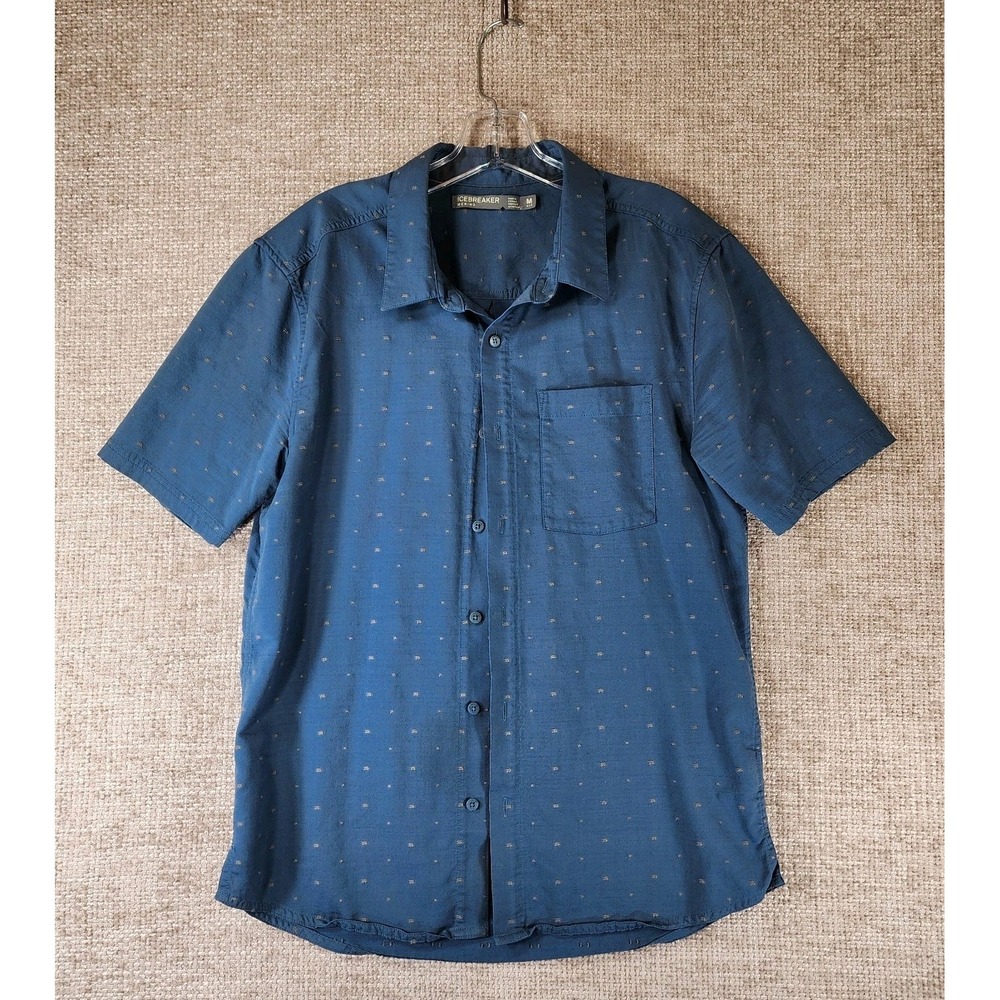 Icebreaker Shirt Mens Medium Blue Short Sleeve Button Up Merino Wool Pocket